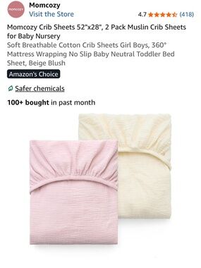 Momcozy Muslin Crib Sheets 2-Pack — Beige Blush & Light Pink Fitted Sheets